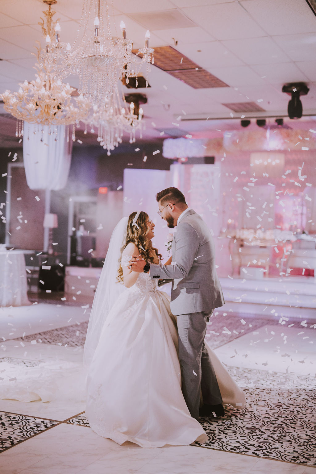 Romantic First Dance with confetti falling at Chandelier Banquet Hall in Las Vegas, Nevada
